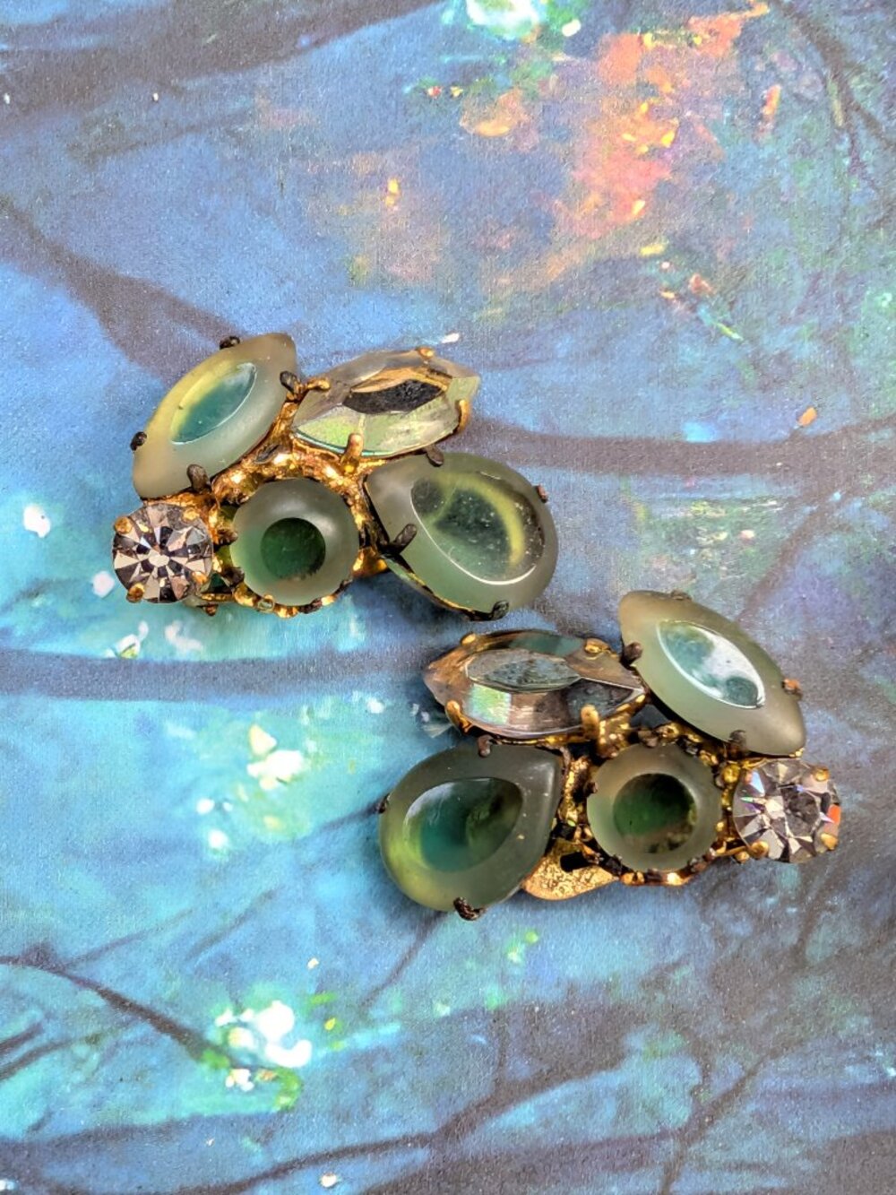 Vintage 1940's Aurora Borealis, Frosted Green & Silver Rhinestone Earrings